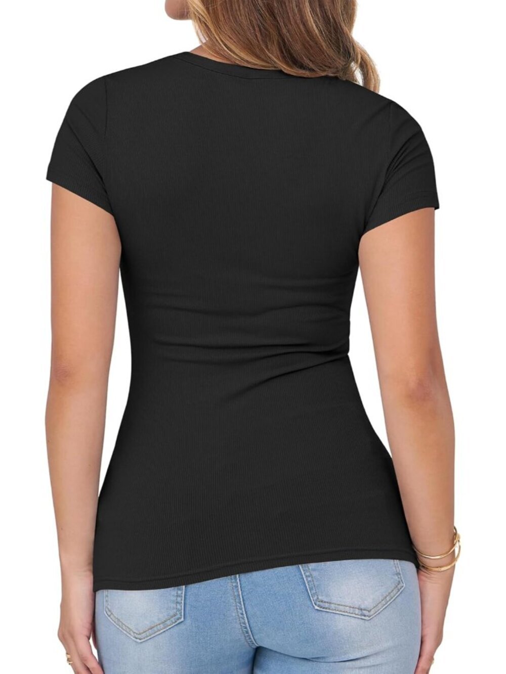 Women's Black Ribbed Casual Knit Slim Fit Summer Short Sleeve T Shirt Cap V Neck - Picture 3 of 6